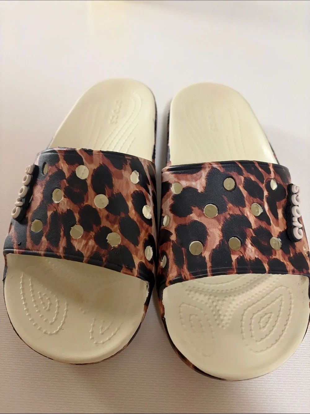 CROCS Leopard Print Slide Sandals in Brown and Black with Cream Footbed